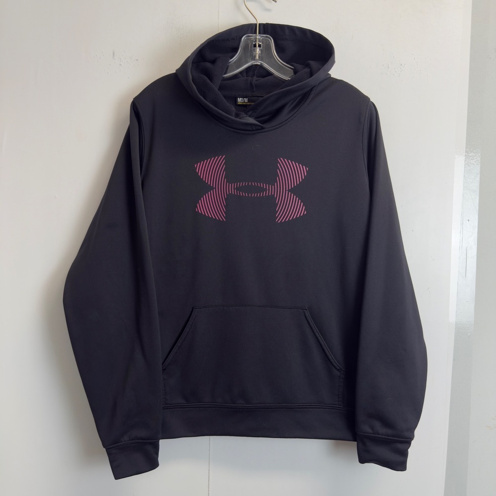 Under Armour Hoodie Womens M Black Pink Logo Fleece Pullover Sweatshirt USA Made